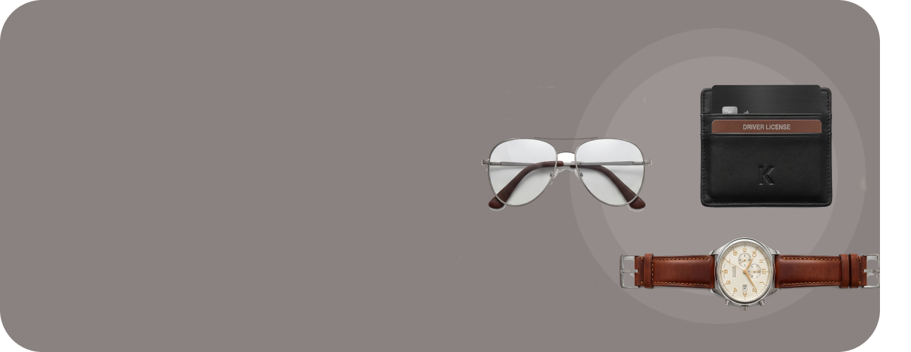 Glasses, wallet and watch accessories