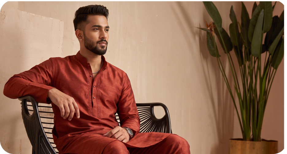 Model in a red autumn kurta